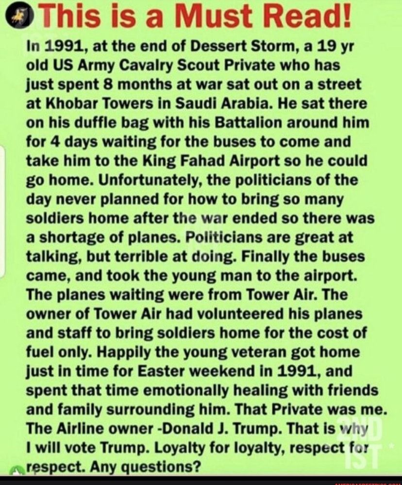 O This is a Must Read In 1991 at the end of Dessert Storm a 19 yr old US Army Cavalry Scout Private who has just spent 8 months at war sat out on a street at Khobar Towers in Saudi Arabia He sat there on his duffle bag with his Battalion around him for 4 days waiting for the buses to come and take him to the King Fahad Airport so he could go home Unfortunately the politicians of the day never plan