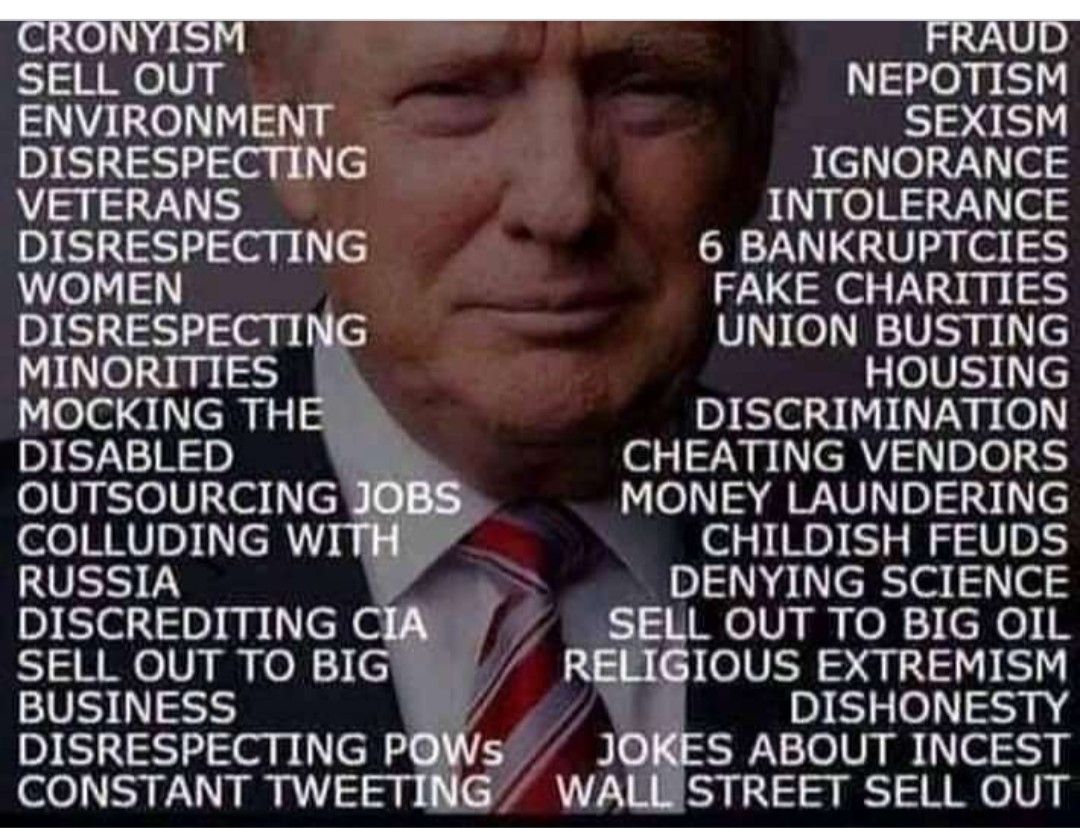 SELL OUT NEPOTISM ENVIRONMENT SEXISM DISRESPECTING IGNORANCE VETERANS INTOLERANCE DISRESPECTING 6 BANKRUPTCIES WOMEN FAKE CHARITIES DISRESPECTIN UNION BUSTING MINORITIES HOUSING MOCKING THE DISCRIMINATION DISABLED ol CHEATING VENDORS OUTSOURCING JOBS MONEY LAUNDERING oo NRVID cR CHILDISH FEUDS RUSSIA DENYING SCIENCE DISCREDITING CIA 1 el pyyece N SELL OUT TO BIG REQLI IOUS EXTREMISM BUSINESS w DIS