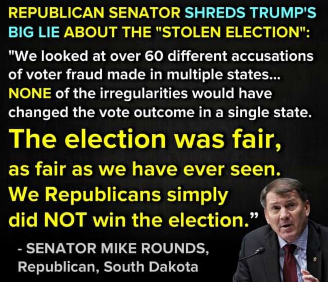 REPUBLICAN SENATOR SHREDS TRUMPS BIG LIE ABOUT THE STOLEN ELECTION We looked at over 60 different accusations of voter fraud made in multiple states NONE of the irregularities would have changed the vote outcome in a single state LGS O R ERR G A as fair as we have ever seen We Republicans simply e T N0 0 IRVIVITo I8 g Yen o s Hig SENATOR MIKE ROUNDS Republican South Dakota