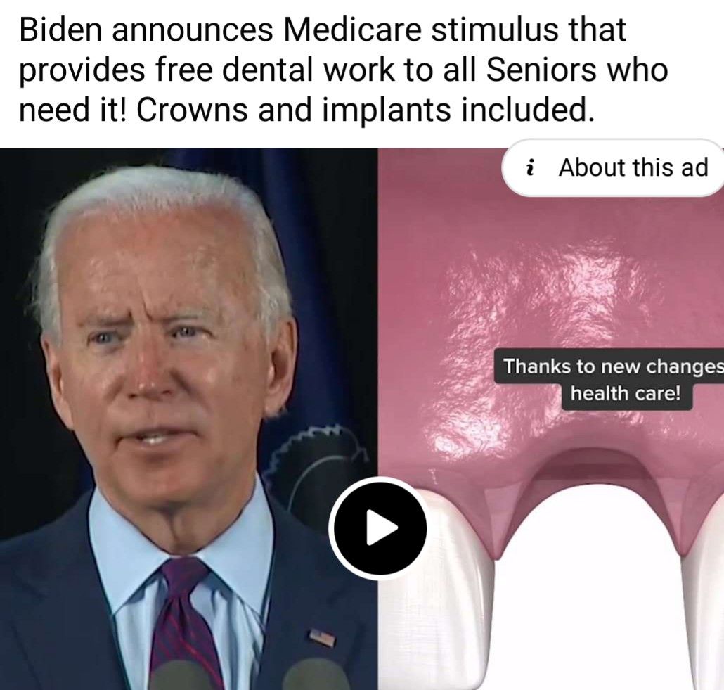 Biden announces Medicare stimulus that provides free dental work to all Seniors who need it Crowns and implants included i About this ad Thanks to new changes health care r 1