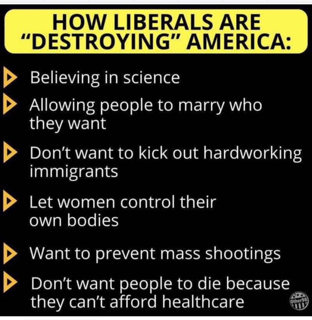 HOW LIBERALS ARE DESTROYING AMERICA Believing in science Allowing people to marry who OISVAVET Dont want to kick out hardworking immigrants Let women control their own bodies Want to prevent mass shootings vv V Vv Vv Dont want people to die because they cant afford healthcare 8