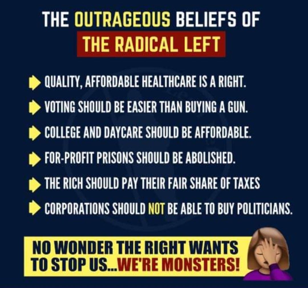 THE OUTRAGEOUS BELIEFS OF THE RADICAL LEFT QUALITY AFFORDABLE HEALTHCARE IS A RIGHT VOTING SHOULD BE EASIER THAN BUYING A GUN COLLEGE AND DAYCARE SHOULD BE AFFORDABLE FOR PROFIT PRISONS SHOULD BE ABOLISHED THE RICH SHOULD PAY THEIR FAIR SHARE OF TAXES I CORPORATIONS SHOULD NOT BE ABLE TO BUY POLITICIANS NO WONDER THE RIGHT WANTS TO STOP USWERE MONSTERS