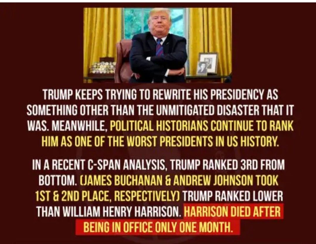 TRUMP KEEPS TRYING TO REWRITE HIS PRESIDENCY AS SOMETHING OTHER THAN THE UNMITIGATED DISASTER THAT IT WAS MEANWHILE POLITICAL HISTORIANS CONTINUE TO RANK HIM AS ONE OF THE WORST PRESIDENTS IN US HISTORY IN A RECENT C SPAN ANALYSIS TRUMP RANKED 3RD FROM BOTTOM UAMES BUCHANAN ANDREW JOHNSON TOOK 1ST 2ND PLACE RESPECTIVELY TRUMP RANKED LOWER THAN WILLIAM HENRY HARRISON HARRISON DIED AFTER BEING IN OF