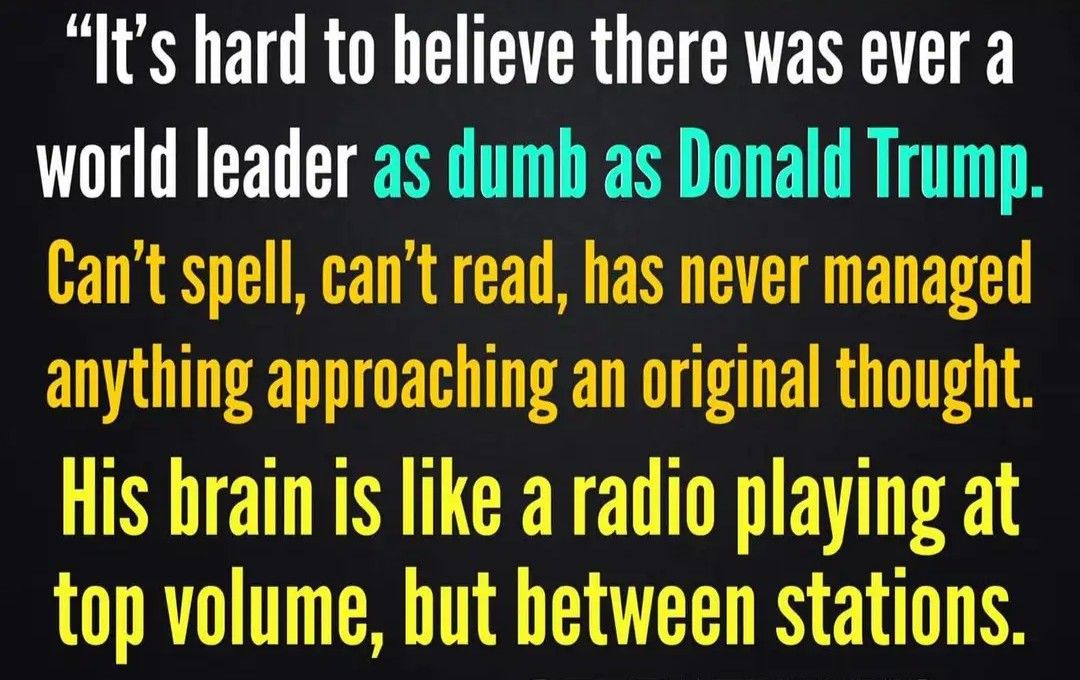 Its hard to believe there was ever a world leader as dumb as Donald Trump Cant spell cant read has never managed anything approaching an original thought His brain is like a radio playing at top volume but hetween stations