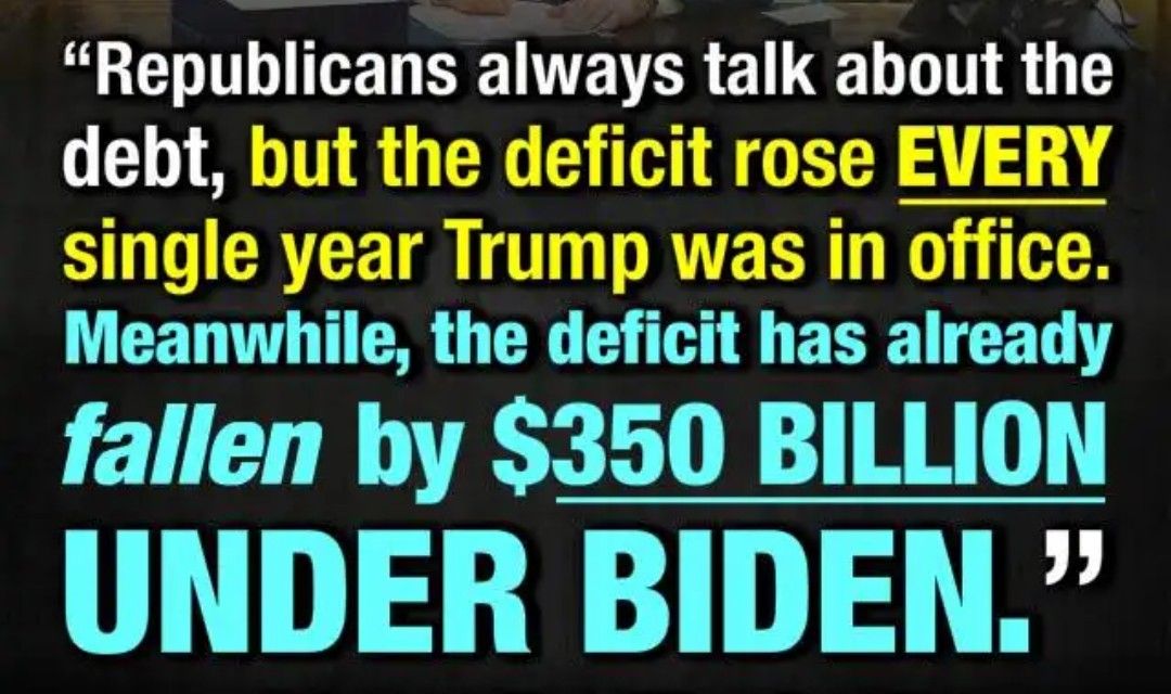 Republlcans always talk about the debt bt Meanwhile tIie deficit has already fallen by 350 BILLION UNDER BIDEN