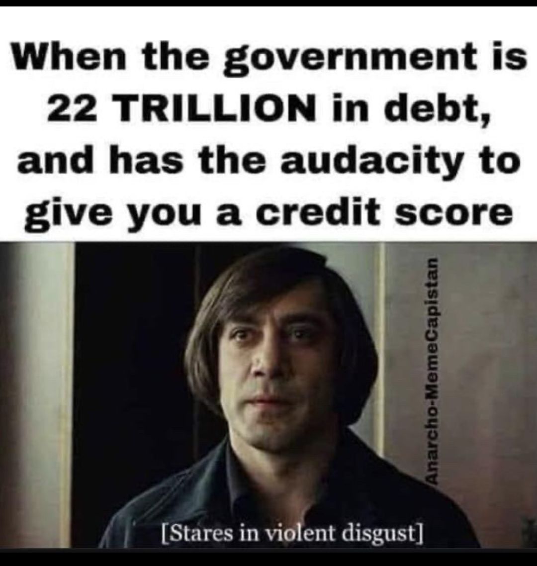 When the government is 22 TRILLION in debt and has the audacity to give you a credit score Stares in violent disgust