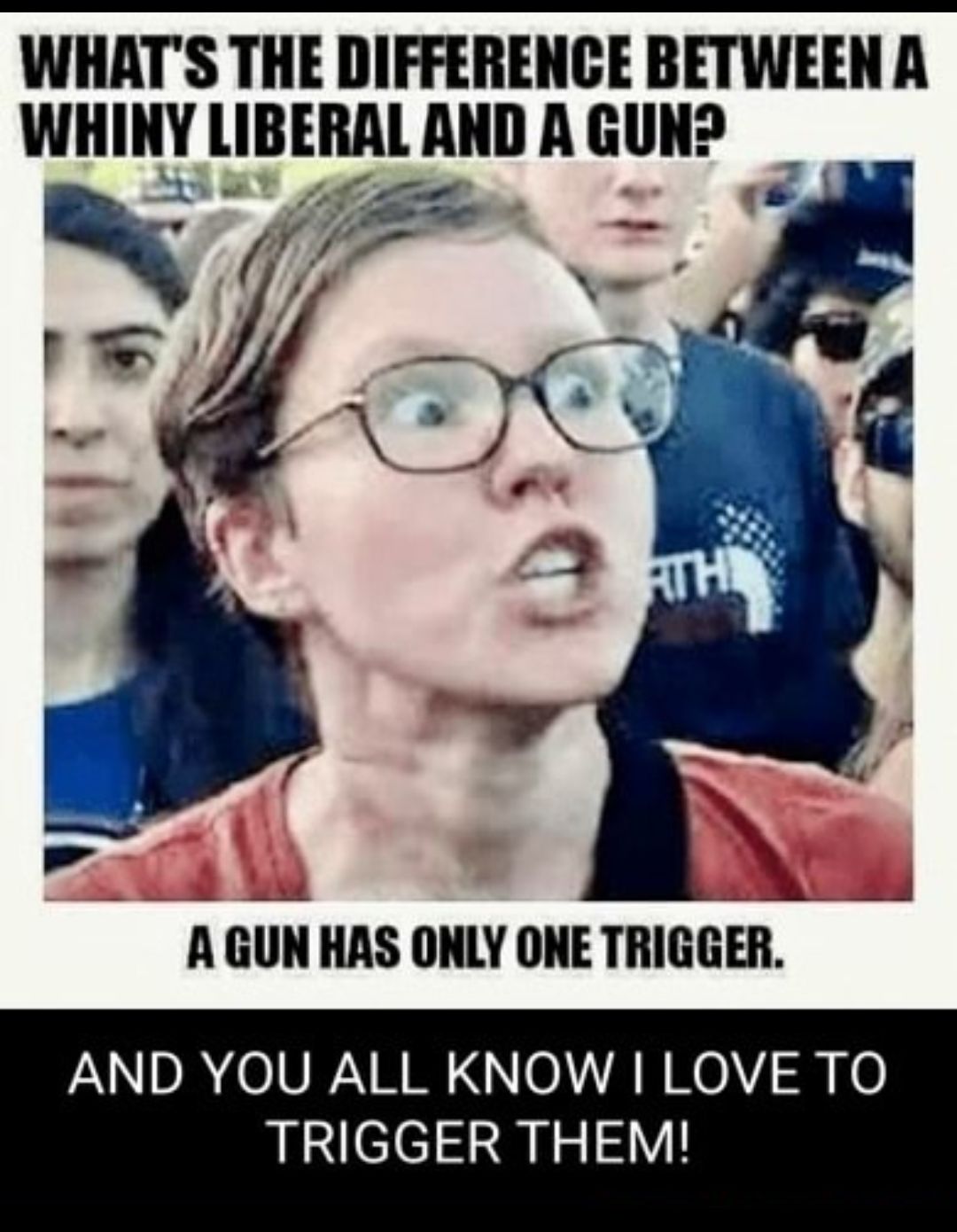 WHATS THE DIFFERENCE BETWEEN A WHINY LIBERAL AND A GUN a Ne GUN HAS ONLY ONE TRIGGER AND YOU ALL KNOW LOVE TO TRIGGER THEM