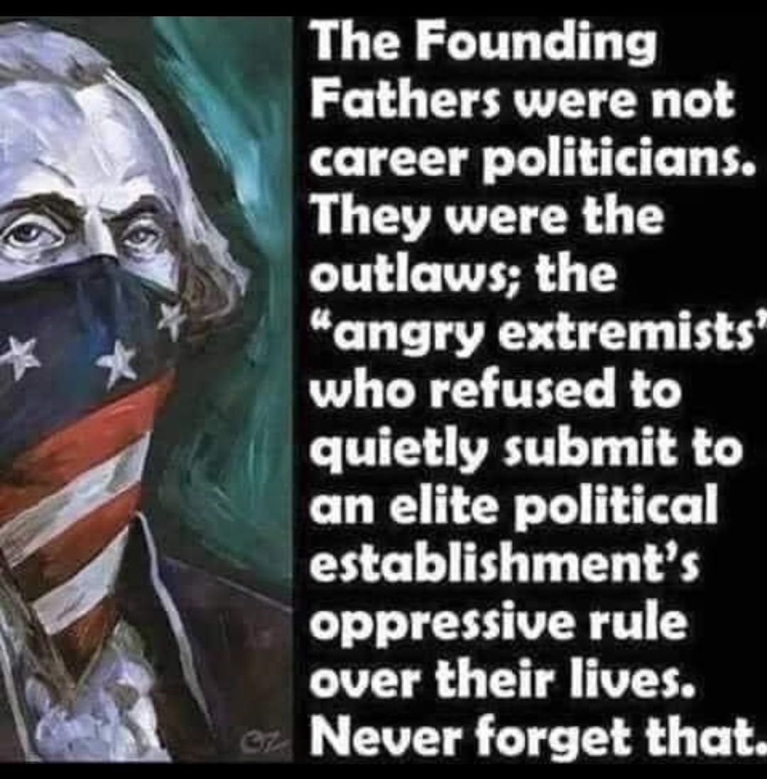 The Founding Fathers were not career politicians They were the outlaws the angry extremists who refused to quietly submit to an elite political establishments oppressive rule over their lives Never forget that