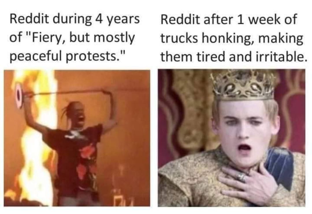 Reddit during 4 years Reddit after 1 week of of Fiery but mostly trucks honking making peaceful protests them tired and irritable