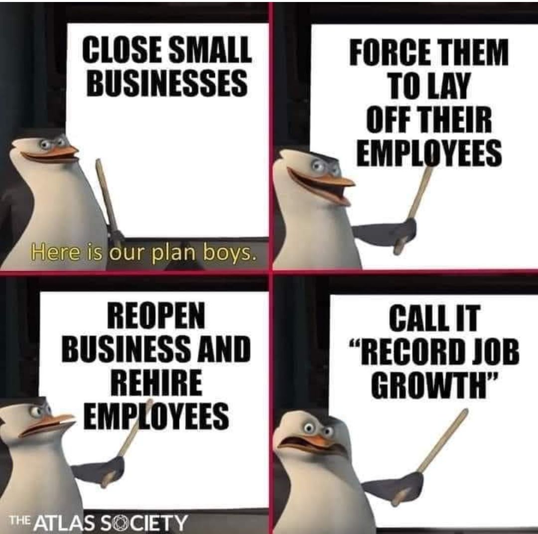 CLOSE SMALL FORCE THEM BUSINESSES T0 LAY OFF THEIR EMPLOYEES REOPEN CALLIT BUSINESS AND RECORD JOB REHIRE GROWTH EMPLOYEES