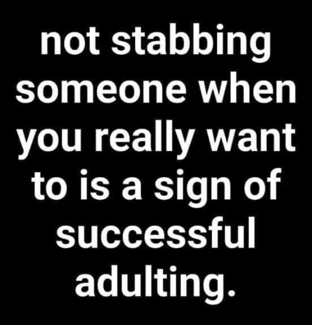not stabbing someone when TR AVE T to is a sign of SIS 1 adulting