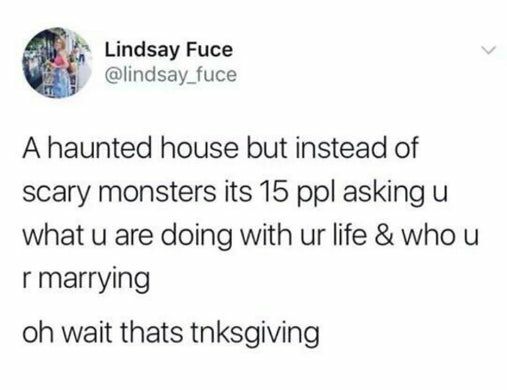 Lindsay Fuce lindsay_fuce A haunted house but instead of scary monsters its 15 ppl asking u what u are doing with ur life who u r marrying oh wait thats tnksgiving