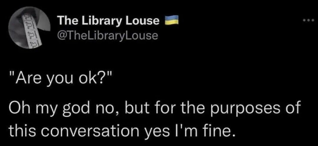 l The Library Louse TheLibraryLouse Are you ok Oh my god no but for the purposes of this conversation yes Im fine