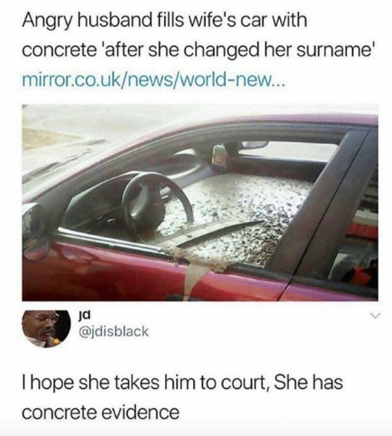 1 DailyMirror Angry husband fills wifes car with concrete after she changed her surname mirrorcouknewsworld new a hope she takes him to court She has concrete evidence