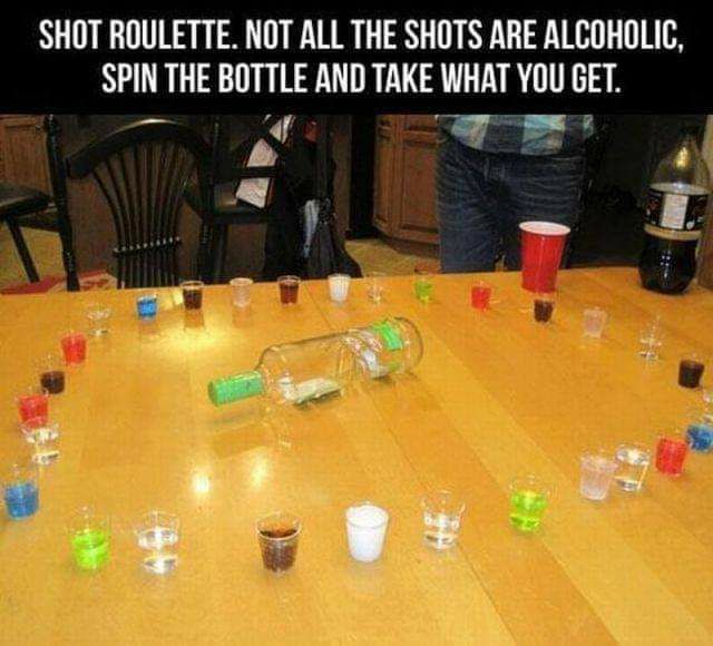 SHOT ROULETTE NOT ALL THE SHOTS ARE ALCOHOLIC SPIN THE BOTTLE AND TAKE WHAT YOU GET _ g s T