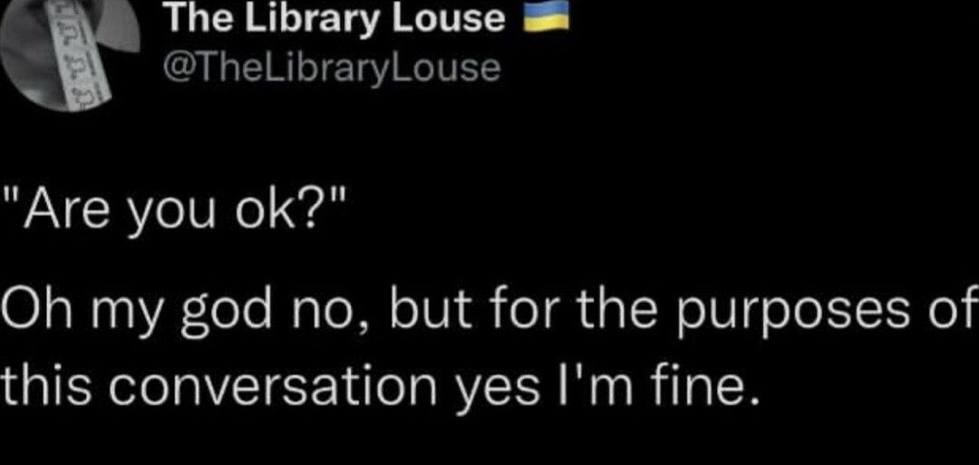 The Library Louse g TheLibraryLouse Are you ok Oh my god no but for the purposes of this conversation yes Im fine