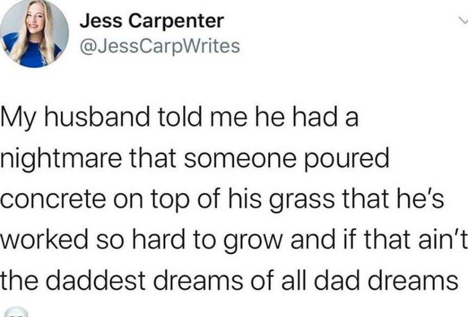 Jess Carpenter JessCarpWrites My husband told me he had a nightmare that someone poured concrete on top of his grass that hes worked so hard to grow and if that aint the daddest dreams of all dad dreams