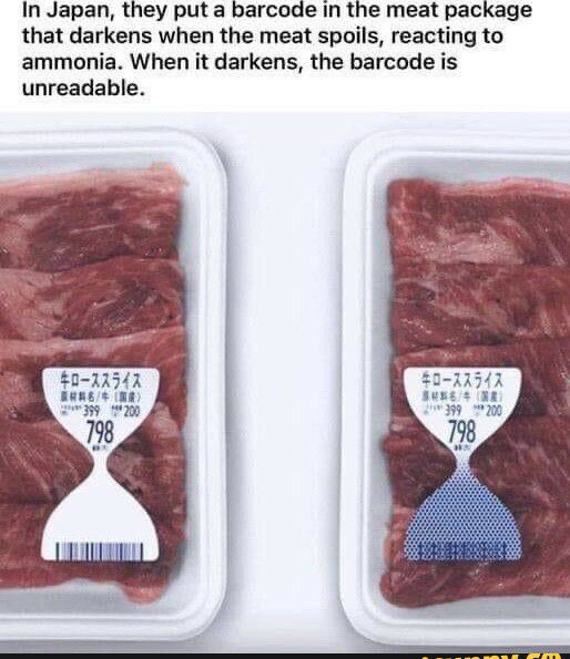 In Japan they put a barcode in the meat package that darkens when the meat spoils reacting to ammonia When it darkens the barcode is unreadable
