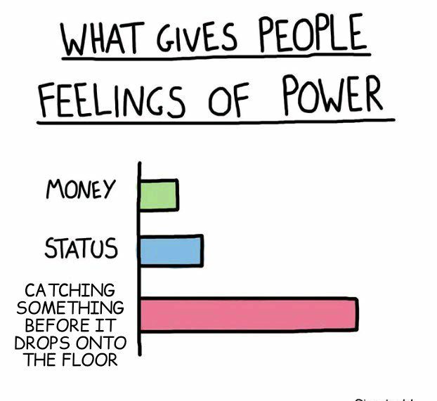 WHAT ives PEOPLE FEELINGS OF POWER MONEY STATUS CATCHING SOMETHING BEFORE IT DROPS ONTO THE FLOOR
