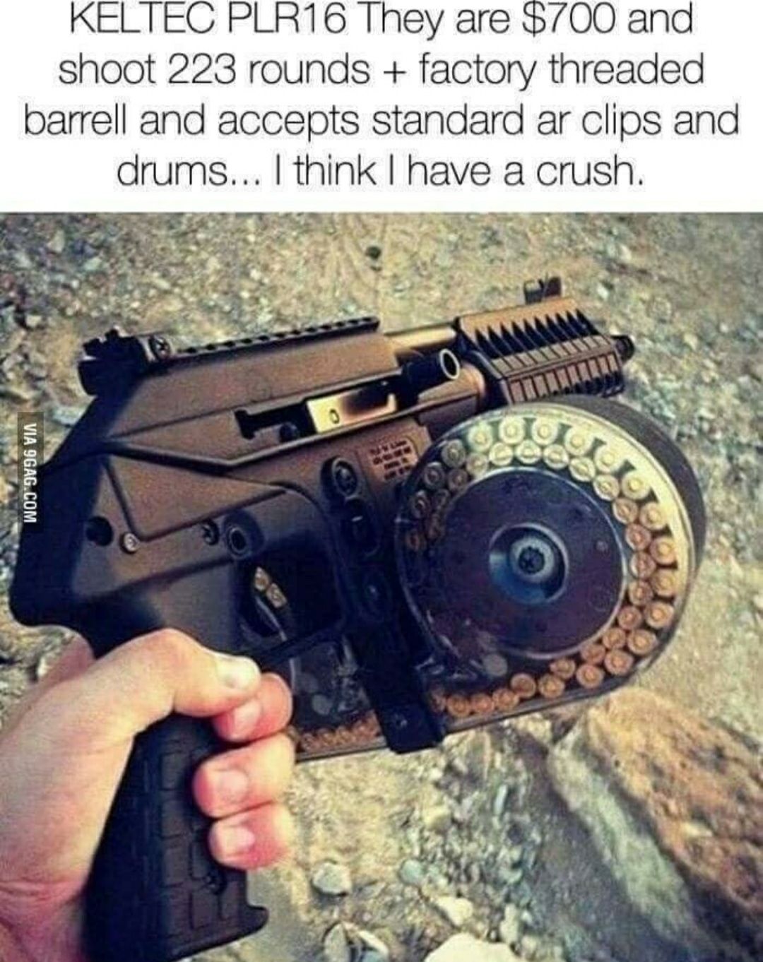 KELTEC PLR16 They are shoot 223 rounds factory threaded barrell and accepts standard ar clips and drums think have a crush