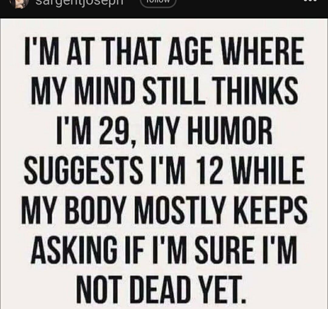 IM AT THAT AGE WHERE MY MIND STILL THINKS IM 29 MY HUMOR SUGGESTS IM 12 WHILE MY BODY MOSTLY KEEPS ASKING IF IM SURE IM NOT DEAD YET