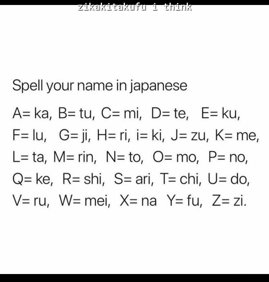 Spell your name in japanese Aka Btu Cmi Dt Eku Fld GL i K J21 Kms Lta Mrn N1o Ome Pnho Glke R8hi Sar Thi Lido Vhi Wimel Xha Y1u Z2i