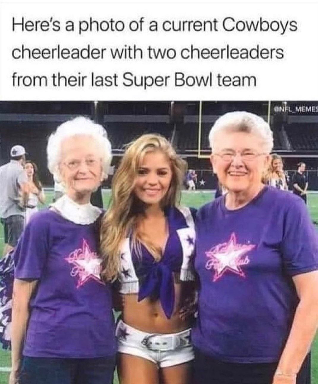 Heres a photo of a current Cowboys cheerleader with two cheerleaders from their last Super Bow team