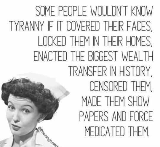 SOME PEOPLE WOULDNT KNOW TYRANNY IF T COVERED THER FACES LOCKED THEM N THER HOMES ENACTED THE BIGGEST WEALTH TRANSFER IN HSTCRY CENSORED THEM MADE THEM SHOW PAPERS AND FORCE MEDICATED THEM