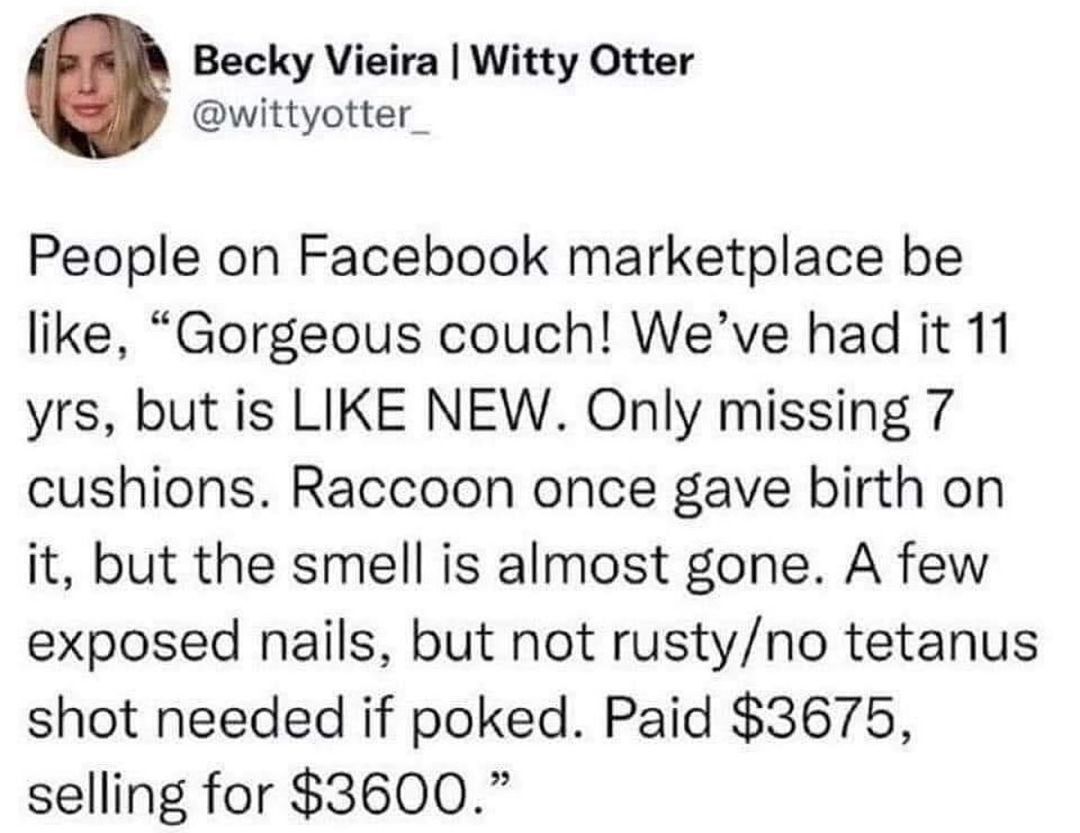 Becky Vieira Witty Otter wittyotter_ People on Facebook marketplace be like Gorgeous couch Weve had it 11 yrs but is LIKE NEW Only missing 7 cushions Raccoon once gave birth on it but the smell is almost gone A few exposed nails but not rustyno tetanus shot needed if poked Paid 3675 selling for 3600