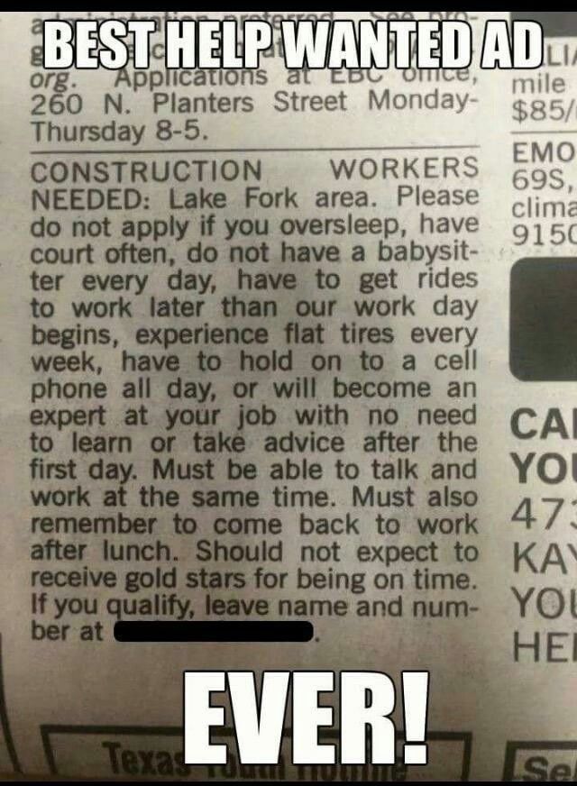 pp 260 N Pla Thursday 8 5 CONSTRUCTION WORKERS NEEDED Lake Fork area Please if you oversleep have to get rides work day tires every to a cell able to talk and time Must also e back to work not expect to or being on time undgum