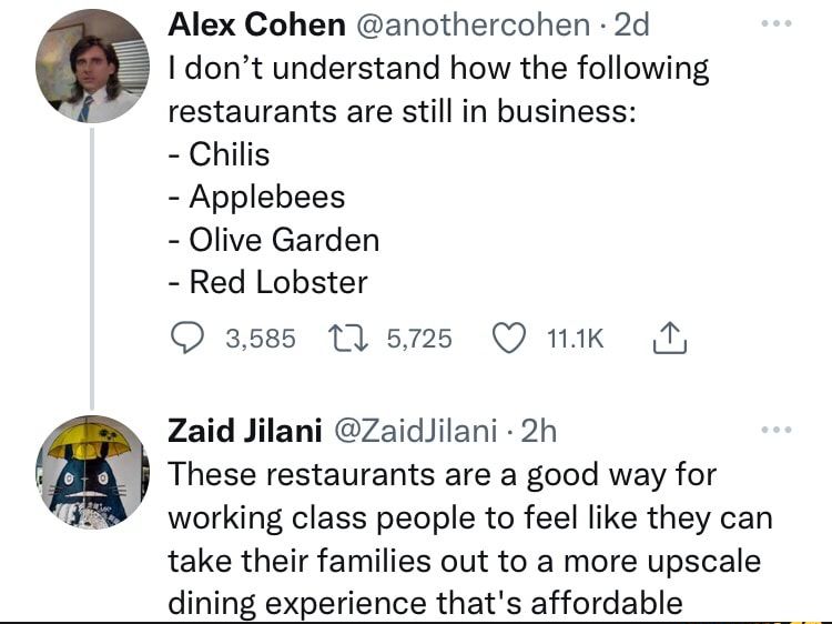 2 Alex Cohen anothercohen 2d dont understand how the following restaurants are still in business Chilis Applebees Olive Garden Red Lobster 3585 5725 Q ik N Zaid Jilani ZaidJilani 2h These restaurants are a good way for working class people to feel like they can take their families out to a more upscale dining experience thats affordable