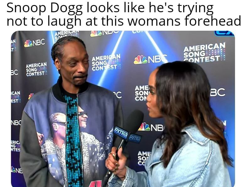 Snoop Dogg looks like hes trying not to laugh at this womans forehead