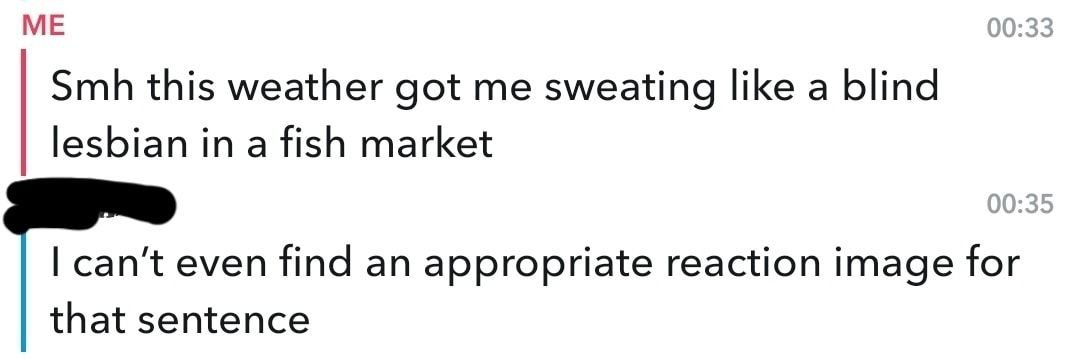 ME Smbh this weather got me sweating like a blind lesbian in a fish market cant even find an appropriate reaction image for that sentence