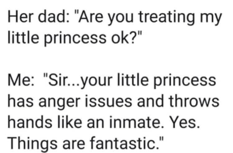 Her dad Are you treating my little princess ok Me Siryour little princess has anger issues and throws hands like an inmate Yes Things are fantastic