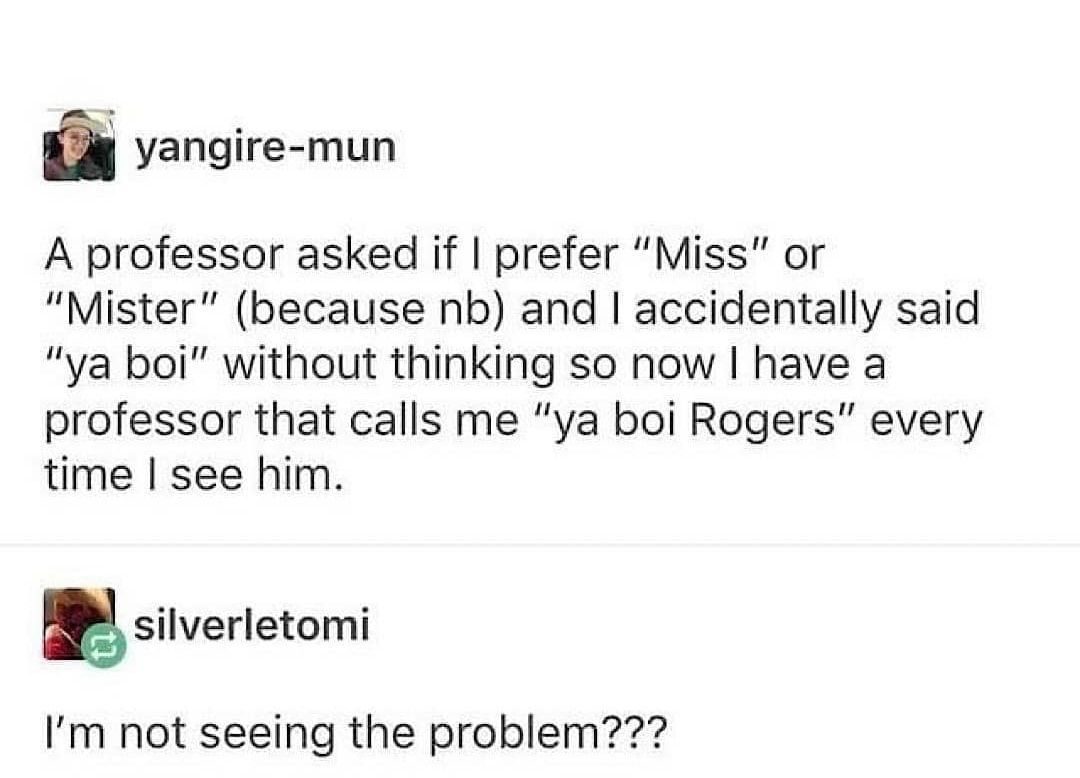 yangire mun A professor asked if prefer Miss or Mister because nb and accidentally said ya boi without thinking so now have a professor that calls me ya boi Rogers every time see him gsilverletomi Im not seeing the problem