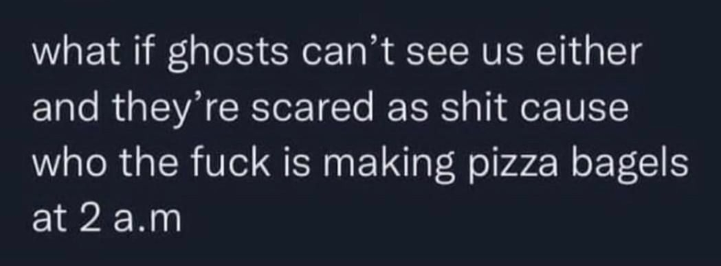 what if ghosts cant see us either and theyre scared as shit cause who the fuck is making pizza bagels at2am