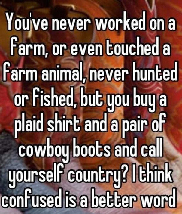 Youyve never worked ona Farm oreventouched a I B never hunted or Fishedbut yo ygu buya plaid shirt and a pairof cowbog boots and call ourselFicountrylEhink pFused mtgr word