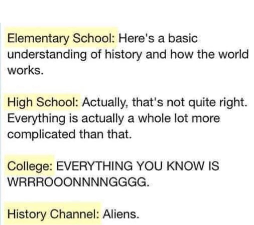 Elementary School Heres a basic understanding of history and how the world works High School Actually thats not quite right Everything is actually a whole lot more complicated than that College EVERYTHING YOU KNOW IS WRRROOONNNNGGGG History Channel Aliens
