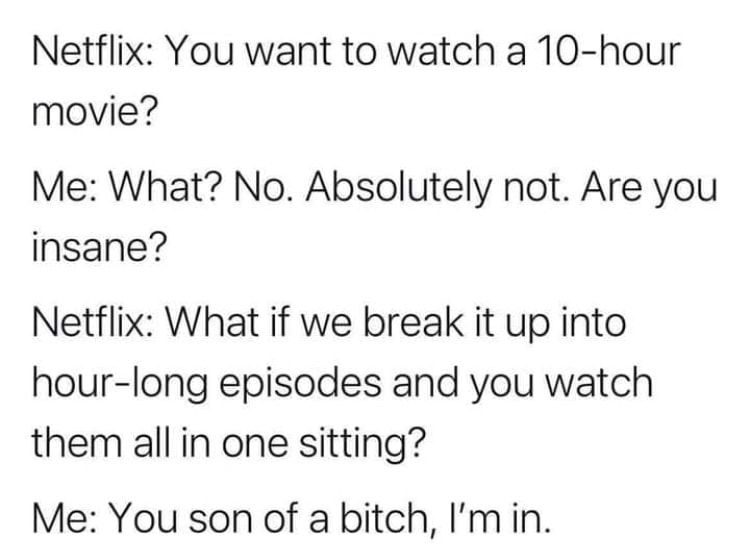 Netflix You want to watch a 10 hour movie Me What No Absolutely not Are you insane Netflix What if we break it up into hour long episodes and you watch them all in one sitting Me You son of a bitch Imin