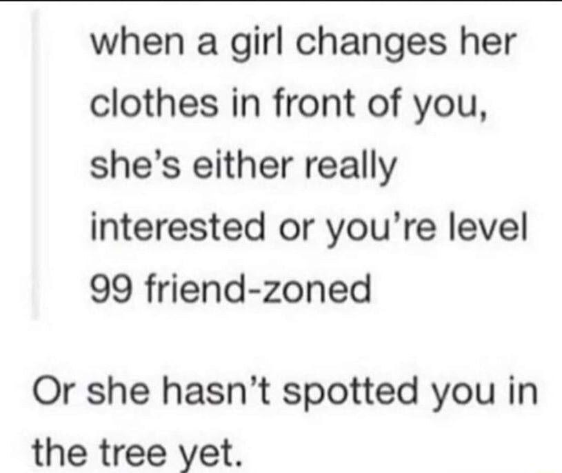 when a girl changes her clothes in front of you shes either really interested or youre level 99 friend zoned Or she hasnt spotted you in the tree vyet