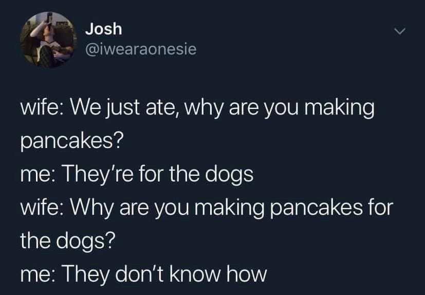 H Josh 3 iwearaonesie wife We just ate why are you making oEaler 1tV R EVAEN TR Yelole R wife Why are you making pancakes for RiplYelolol Y3 me They dont know how
