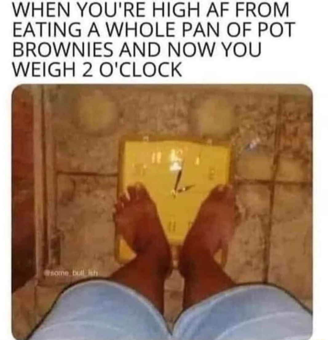 WHEN YOURE HIGH AF FROM EATING A WHOLE PAN OF POT BROWNIES AND NOW YOU WEIGH 2 OCLOCK