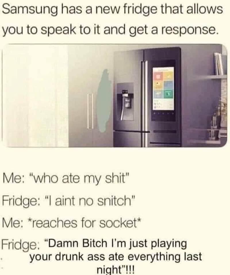 Samsung has a new fridge that allows you to speak to it and get a response Me who ate my shit Fridge l aint no snitch Me reaches for socket Fridge Damn Bitch Im just playing your drunk ass ate everything last night