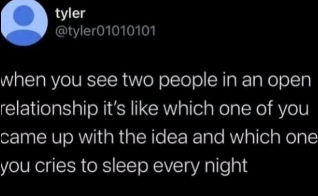 tyler tyler01010101 when you see two people in an open relationship its like which one of you came up with the idea and which one you cries to sleep every night