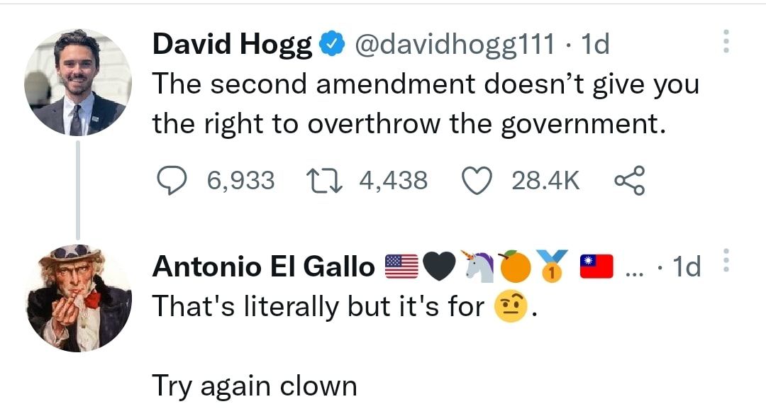 David Hogg davidhoggi11 1d The second amendment doesnt give you the right to overthrow the government Q 6933 1 4438 Q 284K o Antonio El Gallo 9 Y 1d Thats literally but its for Try again clown