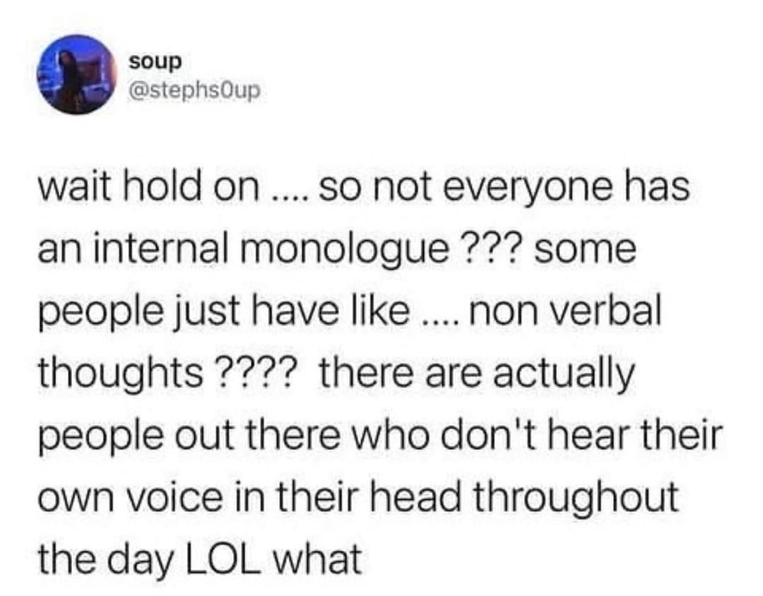 tenhsoup wait hold on so not everyone has an internal monologue some people just have like non verbal thoughts there are actually people out there who dont hear their own voice in their head throughout the day LOL what