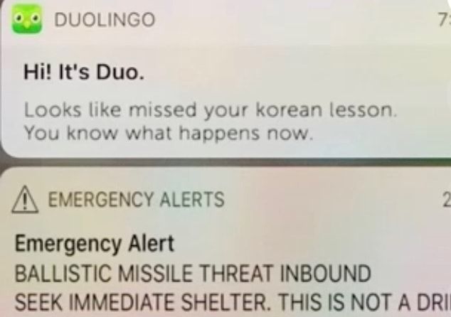 5 ououinco 7 Hi Its Duo Looks like missed your korean lesson You know what happens now A EMERGENCY ALERTS 2 Emergency Alert BALLISTIC MISSILE THREAT INBOUND SEEK IMMEDIATE SHELTER THIS IS NOT A DRI