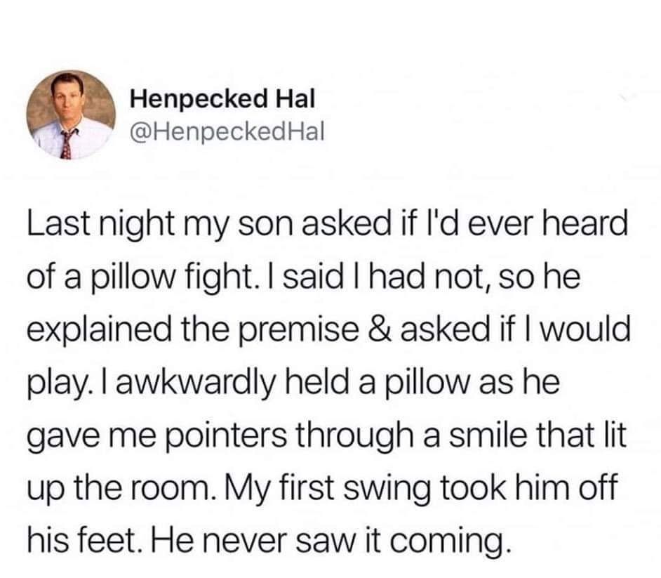 Henpecked Hal HenpeckedHal Last night my son asked if Id ever heard of a pillow fight said had not so he explained the premise asked if would play awkwardly held a pillow as he gave me pointers through a smile that lit up the room My first swing took him off his feet He never saw it coming
