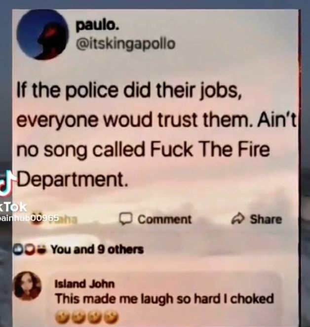 If the police did their jobs everyone woud trust them Aint no song called Fuck The Fire Department This made me laugh so hard choked o