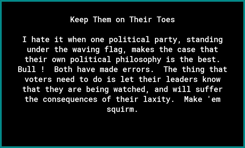 Keep Them on Their Toes I hate it when one political party standing under the waving flag makes the case that their own political philosophy is the best Bull Both have made errors The thing that voters need to do is let their leaders know that they are being watched and will suffer the consequences of their laxity Make em squirm